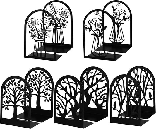 Faccito 5 Pairs Book Ends, Black Metal Bookends for Shelves Decorative, Non Skid Tree Stopper and Flower Shelf Holder for Heavy Books, Home Office School Supplies(Modern)