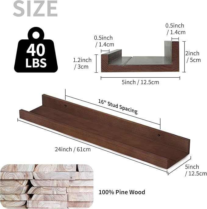 SAUMONIERES Picture Ledge Shelf Floating Book Shelves Set of 2 Wall Mounted Solid Wood for Bedroom Bathroom Living Room Kitchen, 24 Inch Walnut