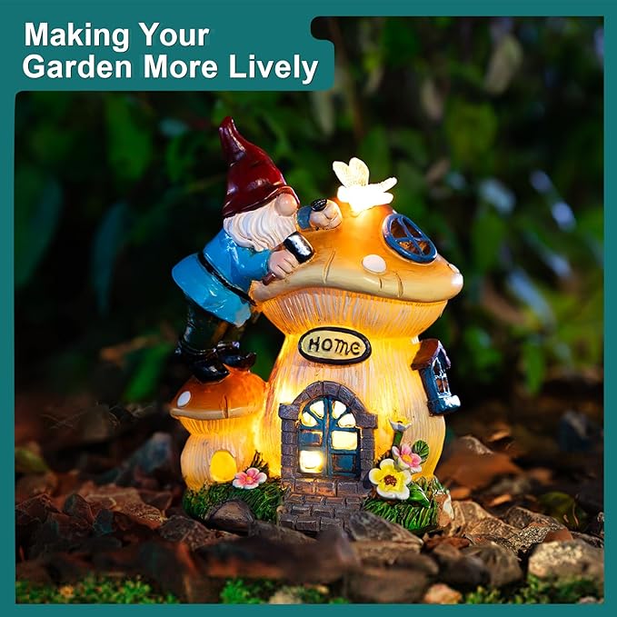 Garden Gnome Statues Figurine Lights - Solar Powered Lighting Outdoor Decorations, Gnome Build Mushroom Fairy House, Yard Art Lawn Ornaments for Porch Patio Balcony - Gnome Gifts for Women Mom