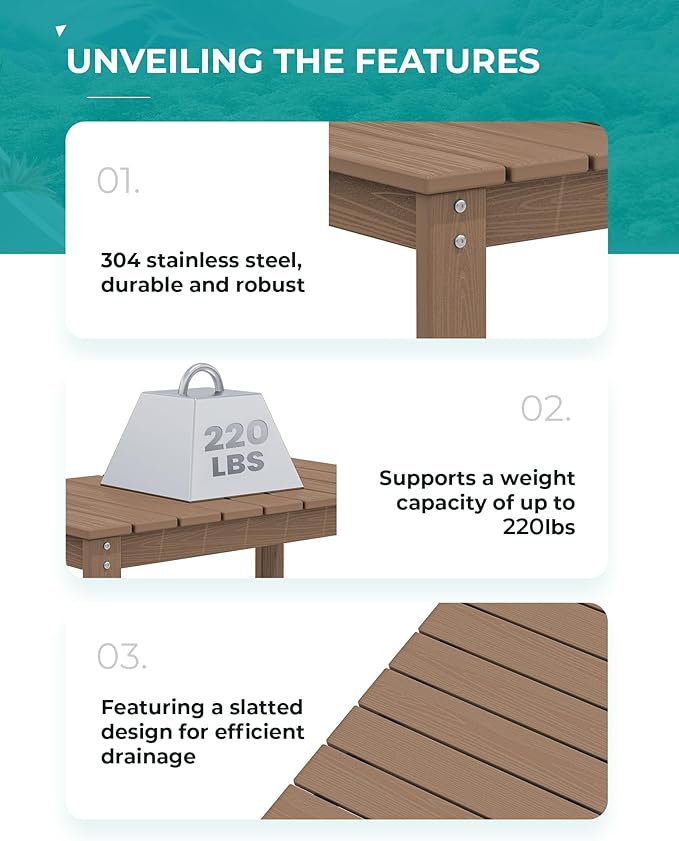 SERWALL Patio Coffee Table, HDPE Rectangle Outdoor Coffee Table, Brown