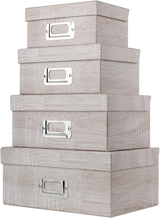 Briful Photo Boxes with Lids - 4 in 1 Set Waterproof Storage Boxes with Handles - Decorative Multiple Size Storage Bins for Clothes/Shoes/Office/Cosmetic/Books