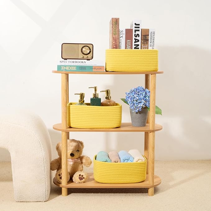 Small Storage Baskets for Organizing | Closet Organizer Bins | Shelf Toy Basket | Woven Rope Baskets | Cube Decorative Box | Shallow Basket | 11.5x7.5x4.7” | 4 Packs Yellow