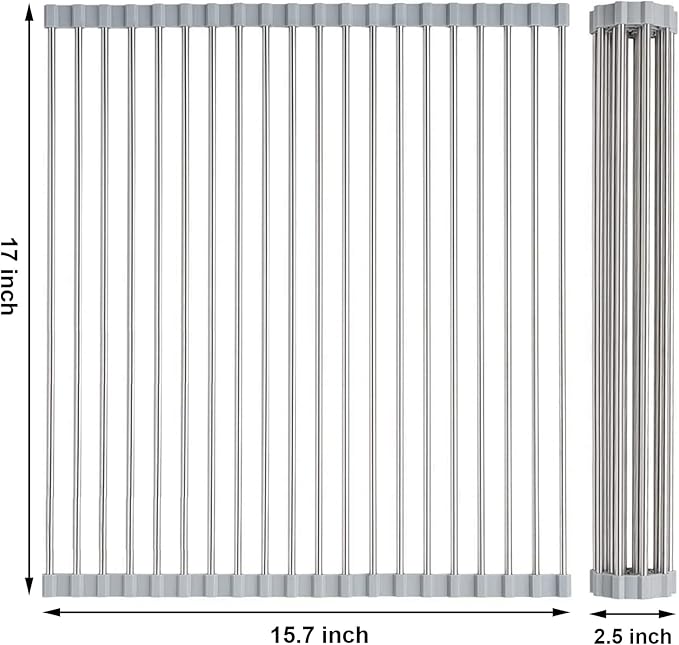 Searik Roll up Dish Drying Rack, Over The Sink Rolling Dish Drainer Rack Multipurpose Foldable Kitchen Stainless Steel Dish Rack Sink Drying Rack for Kitchen Sink Counter (17"x 15.7")