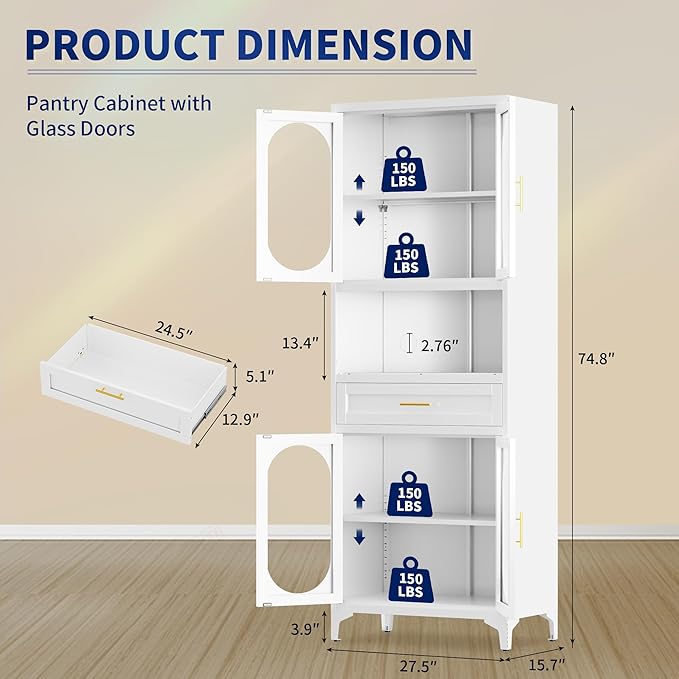 75” Tall Kitchen Pantry Storage Cabinet, Metal Storage Cabinet with 1 Drawer and Adjustable Shelves, Kitchen Pantry Cupboard, Freestanding Cupboard for Bathroom, Living Room (White-Glass Door)