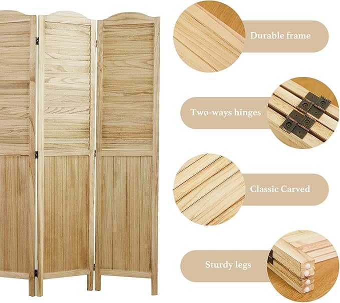 Room Partitions and Dividers, 68.9 Inch Temporary Wall with Double Hinges, Wooden Louver & MDF Stable Screens for Home Office Bedroom Coffeehouse Decoration (4 Panels, Wood Color)
