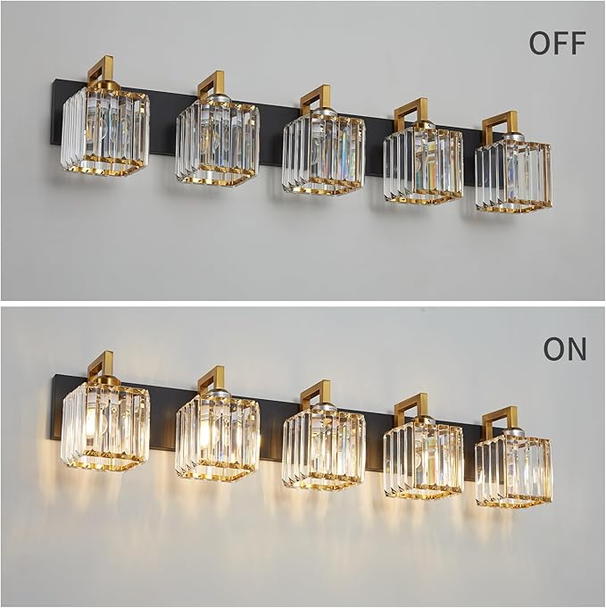 Modern Bathroom Vanity Light 5-Lights Black Gold Crystal Wall Lamp Bathroom Modern Crystal Vanity Lighting