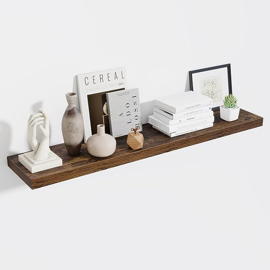 Fun Memories 55 Inch Fireplace Mentel Shelf, 10 Inch Deep Shelves for Display&Wall Storage, Rustic Wood Wall Shelf -Extra Long Floating Shelves for Living Room Laundry Room, Rustic Brown, Set of 1