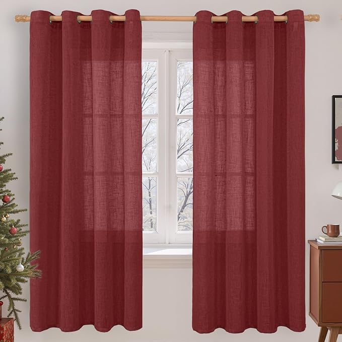 LAMIT Burgundy Red Linen Curtains 72 Inch for Living Room, Bronze Grommet Linen Textured Christmas Curtains Light Filtering Drapes for Bedroom/Dining Room, Set of 2, 52 x 72 Inch