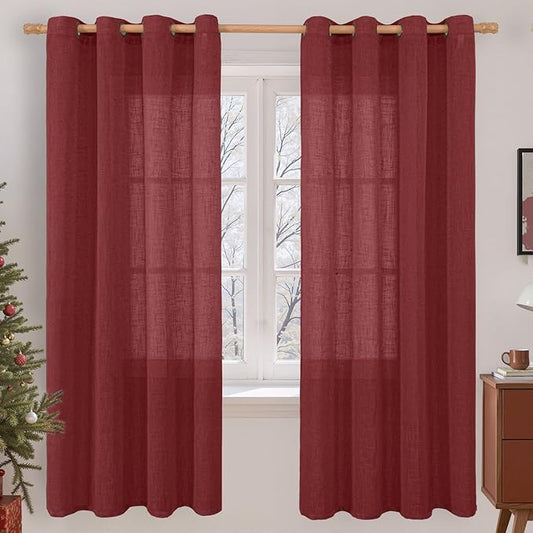 LAMIT Burgundy Red Linen Curtains 72 Inch for Living Room, Bronze Grommet Linen Textured Christmas Curtains Light Filtering Drapes for Bedroom/Dining Room, Set of 2, 52 x 72 Inch
