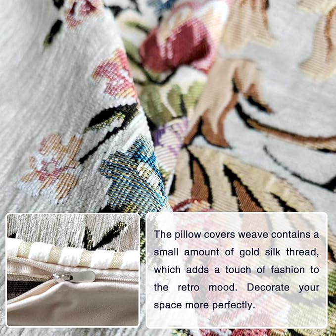 Set of 2 Beige Vintage Throw Pillows Covers 18x18in，Floral Embroidered Cushion Cover for Sofa Bedroom，Euro Sham Covers Retro Home Decor Pillows Covers