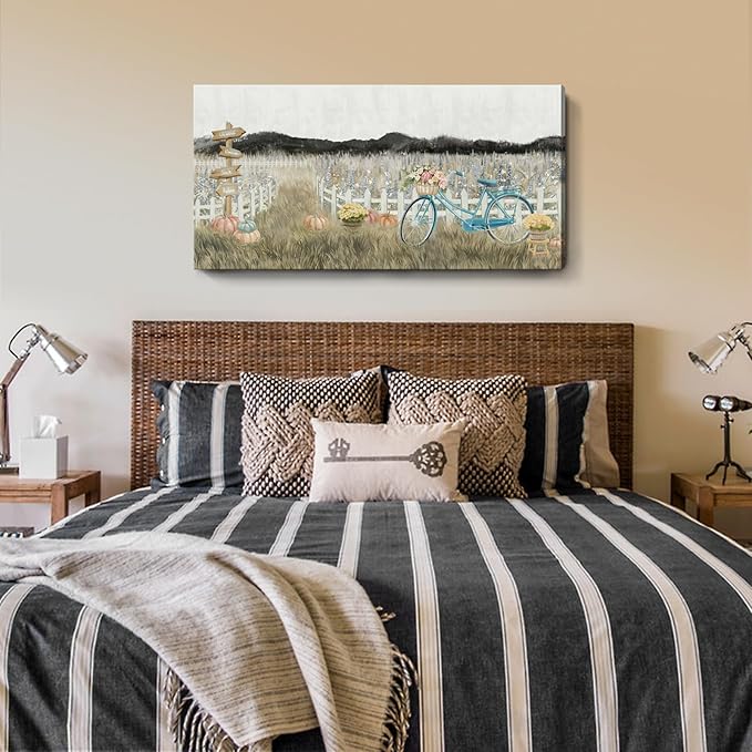 Large Wall Art for Living Room Farmhouse Wall Decor, Modern Boho Vintage Organnic Country Rustic Cottagecore Neutral Landscape Artwork with Mountains Bicycle Flower, Floral Picture Bedroom Kitchen