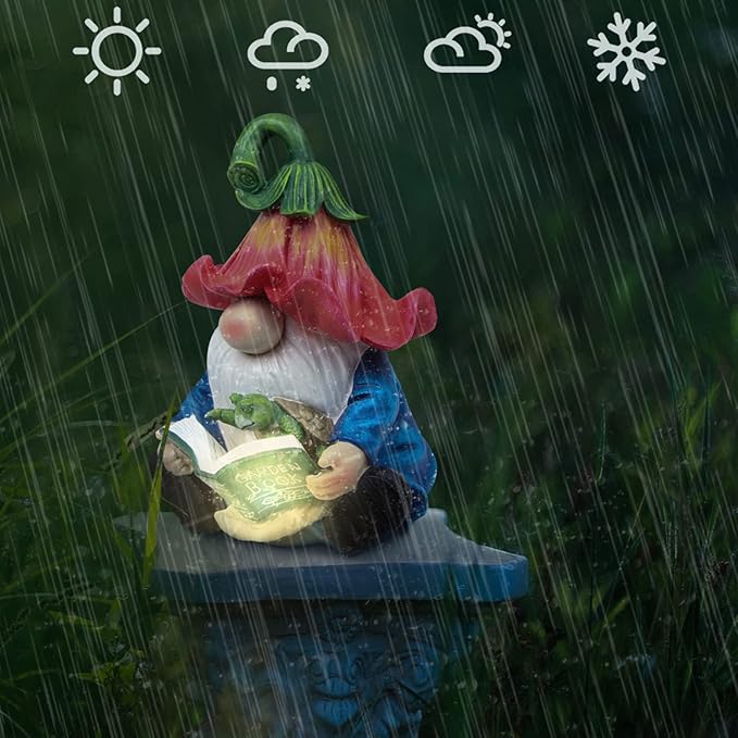 Garden Gnome Statue-Resin Gnome Figurine Hugging Turtle Reading Book with Solar LED Lights，Outdoor Summer Decorations for Patio Yard Lawn Porch,Garden Ornament Gift