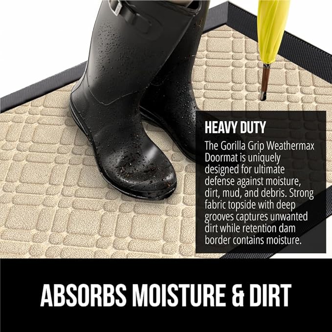 GORILLA GRIP 100% Waterproof All-Season WeatherMax Doormat, 72x24, US Designed Natural Rubber, Stain and Fade Resistant, Low Profile Indoor Outdoor Door Mats, Easy Clean Patio Mat, Modern Latte