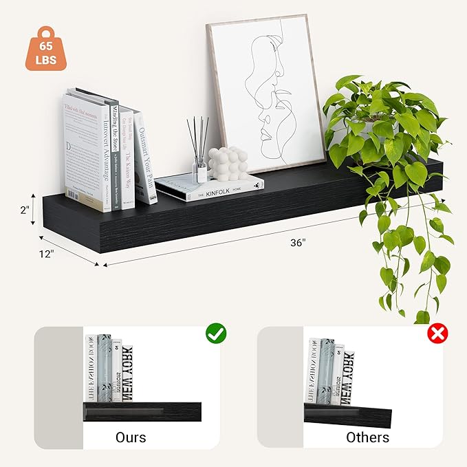 Heimlove 12" Deep Floating Shelves, 36 x 12 Inch Wall Mounted Long Floating Shelf with Invisible Brackets, for Home Decor, Bedroom, Kitchen, Living Room, Bathroom - 1 Pack, Black