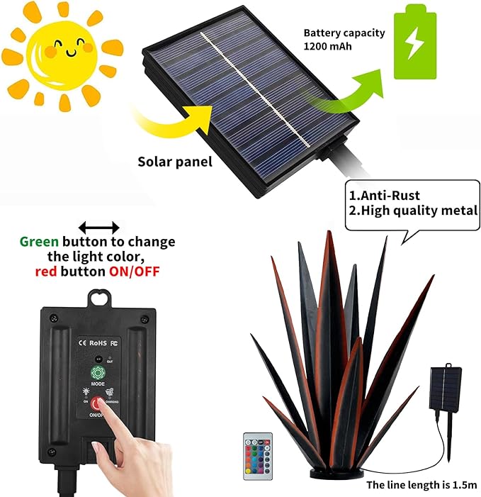 Large Tequila Rustic Sculpture, Rustic Metal Agave Plants for Outdoor, Metal Agave Garden Yard Statue, Outdoor Lawn Ornaments Yard Stakes (Rusty - L (W/Solar Light))