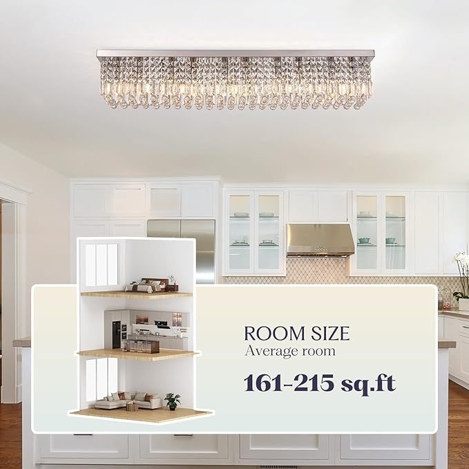 Luxury Lighting Fixture Chandelier Rectangular with Raindrop Crystals Pendant Light Fixture 10-Lights Modern Crystal Rectangle Flush Mount Chandelier for Living Room Dining Room Bar L47 Inch