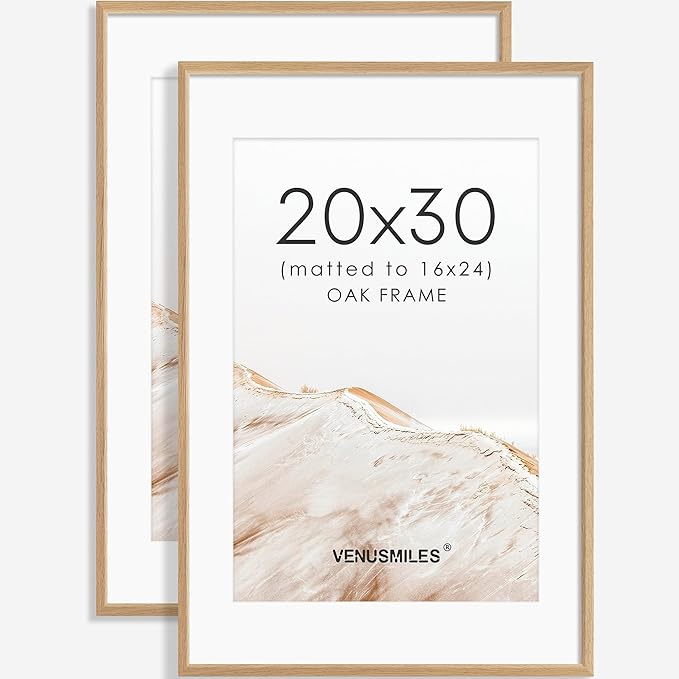 20x30 Poster Frame Set of 2 Natural Solid Oak Photo Frames with 16x24 Removable Mat Wall Hanging Large Handcrafted Frame with HD Plexiglass Wall and Tabletop Display Large Picture Frame
