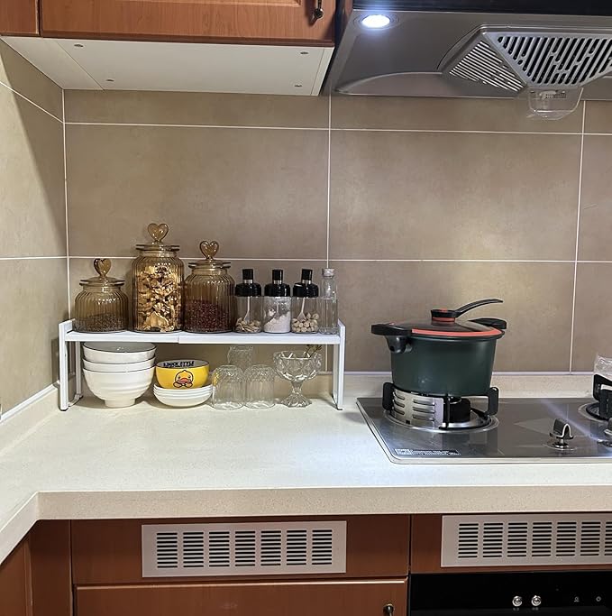 Expandable Cabinet Shelf Organizer 16-26" L Stackable Kitchen Counter Shelf Rack Stand Sink Riser Countertop Storage White (Narrow 5.1”D)