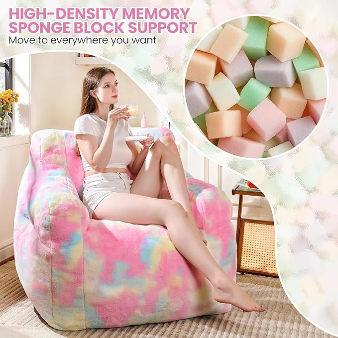Recaceik Large Plush Bean Bag Chairs, Memory Foam Bean Bag Chair for Adults & Kids with Armrests, Comfy BeanBag Lounge Lazy Floor Sofa Accent Chair for Living Room, Bedroom, Dorm, Colorful Rainbow