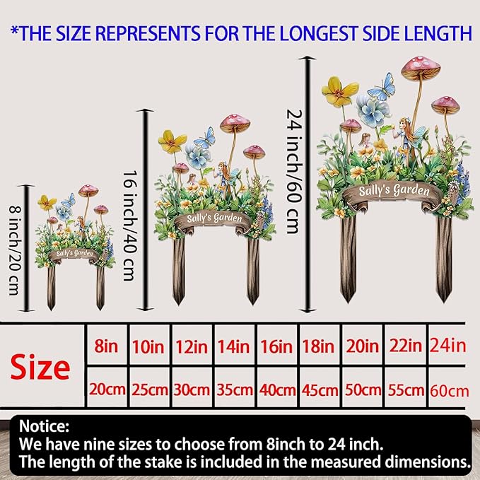 Personalized Cute Fairy Metal Sign with Stake,Custom Gardener Family Name Signs Outdoor Decor,Customized Butterfly Gardening Gifts for Mother,Flowers Plaques Decorate for Garden Patio Lawn Porch Yard