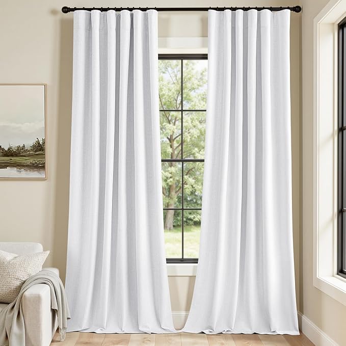 MIULEE 100% Blackout Curtains 90 Inch Long 2 Panels Set for Bedroom, Thick Faux Linen Black Out Curtain Room Darkening Back Tab Pleat Window Textured Drapes with Hooks for Living Room, Bright White