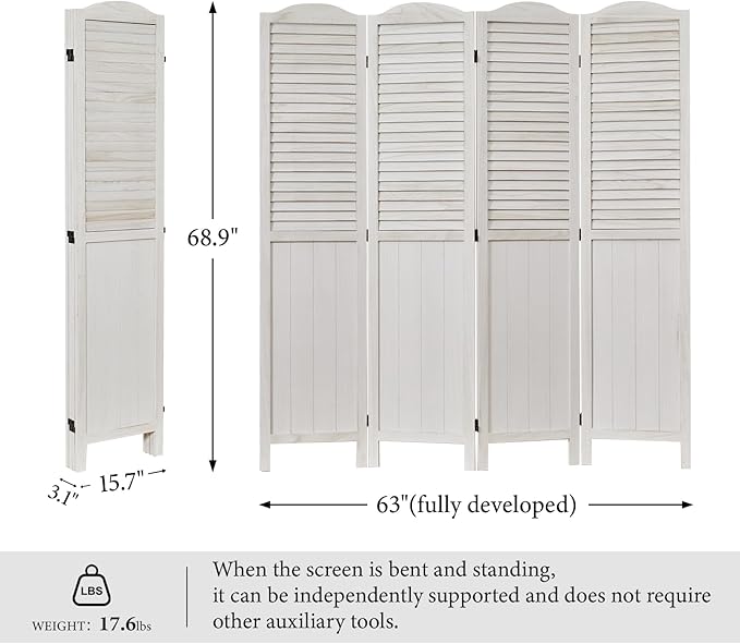 Room Partitions and Dividers, 68.9 Inch Temporary Wall with Double Hinges, Wooden Louver & MDF Stable Screens for Home Office Bedroom Coffeehouse Decoration (4 Panels, White-Washed)