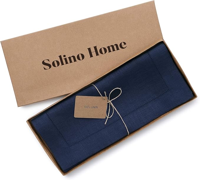 Solino Home Linen Navy Table Runner 36 Inches - Classic Hemstitch, 100% Pure Linen Coffee Table Runner 14 x 36 Inch Ideal for Dresser Tables - Fall, Autumn, Halloween, Thanksgiving