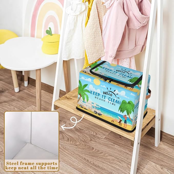 Rectangular Storage Baskets for Shelves - Waterproof Foldable Laundry Basket, Nursery Hamper, Reusable Toy Bin for Organizing Toys, Books, Clothes, Closet 14"x10.2" x10.4"(Beach)