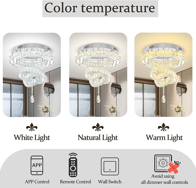 Flashing God 20" Crystal Chandelier Crystal LED Flush Mount Chandeliers for Living Room Bedrooms Dining Room Modern Chrome Chandelier Lighting Dimmable 2700k 4500k 6000k