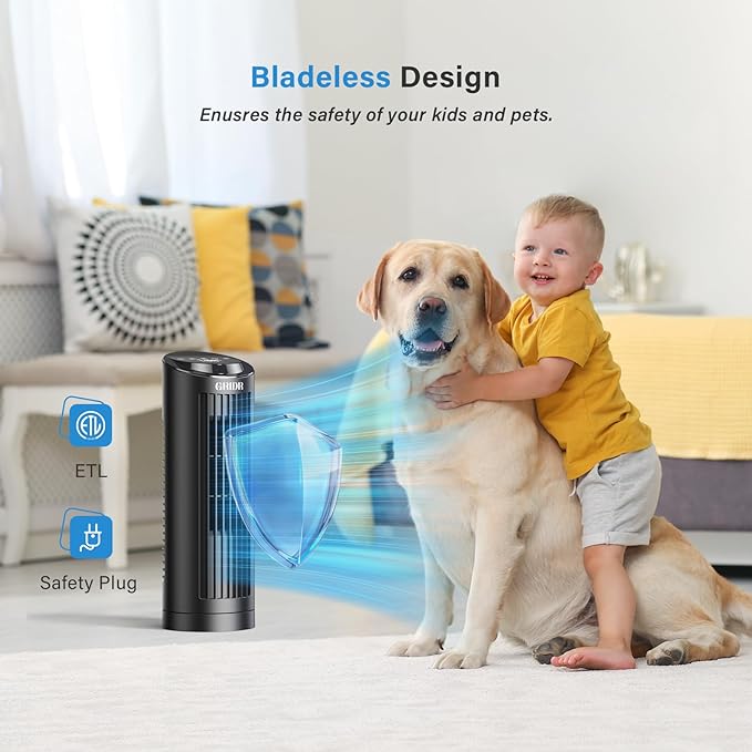 Tower Fan Bladeless with 3 Speeds, 4 Mode [AI, Normal, Natural, Sleep], Table Fan 80° Oscillation, Touch Screen + Remote Control, 12H Timer, 13" Desk Fan for Bedroom Home Office Desktop-Black