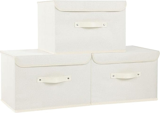 Fabric Storage Bins Cube Organizers with Flip-Top Lid and Handles,Storage Boxes for Organizing Home,Office,and Closet,Beige,3 Pack 15 x 9.8 x 9.8 in