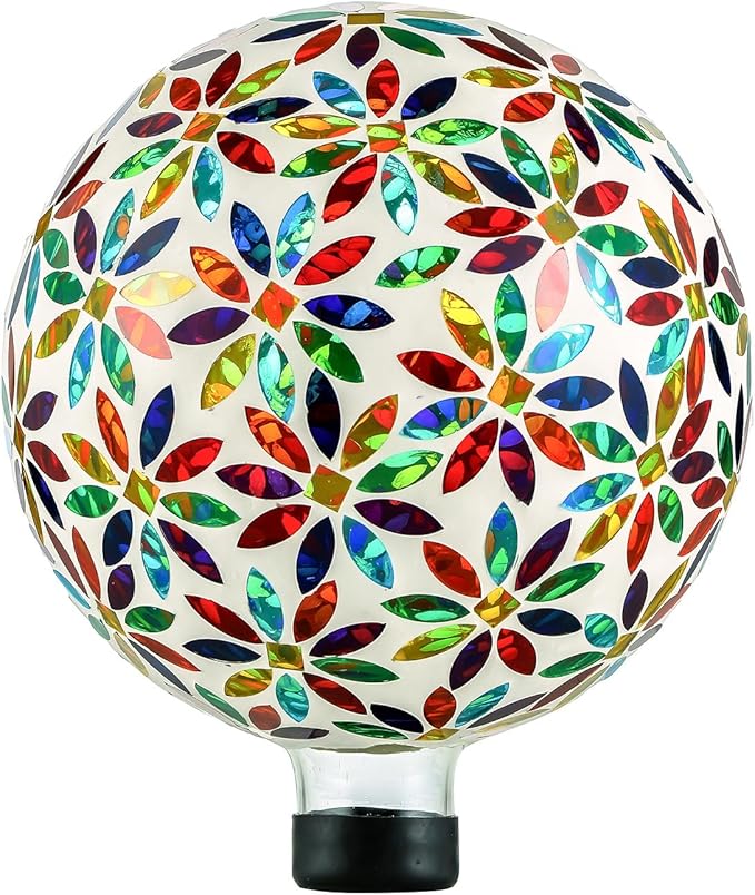 VOREEN Mosaic Glass Gazing Ball Outdoor Gazing Globe, Reflective Ball Yard Decoration for Homes, Patio, Lawn and Gardens, Gift for Mom Wife Friend, 10-Inch, Multi Colored Flowers Design