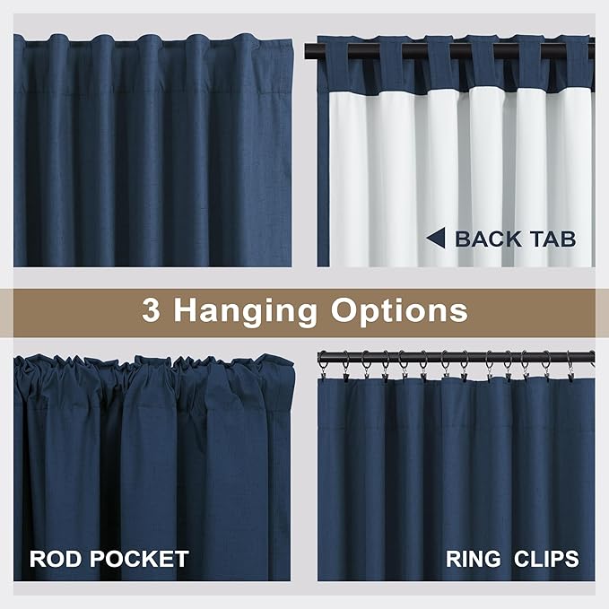 Navy Blue Linen Black Out Curtains 63 Inch Long 2 Panels Burg Thermal Insulated Total Blackout Window Shades Light Blocking Dark Curtains for Living Room Kids Children Boy Bedroom 63 Length White Back