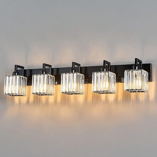 Modern Bathroom Vanity Light 5-Lights Plating Black Vanity Light Crystal Wall Light Bathroom Light Fixtures