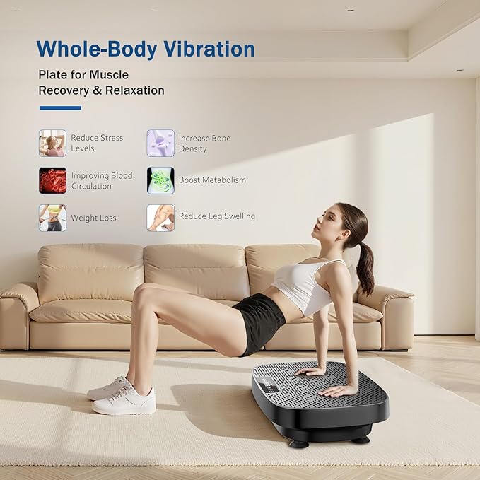 Vibration Plate Exercise Machine, Ultra-Quiet Vibration Plate for Lymphatic Drainage & Body Toning, Whole Body Vibration Platform with Bluetooth, Resistance Bands, Home Gyms Equipment