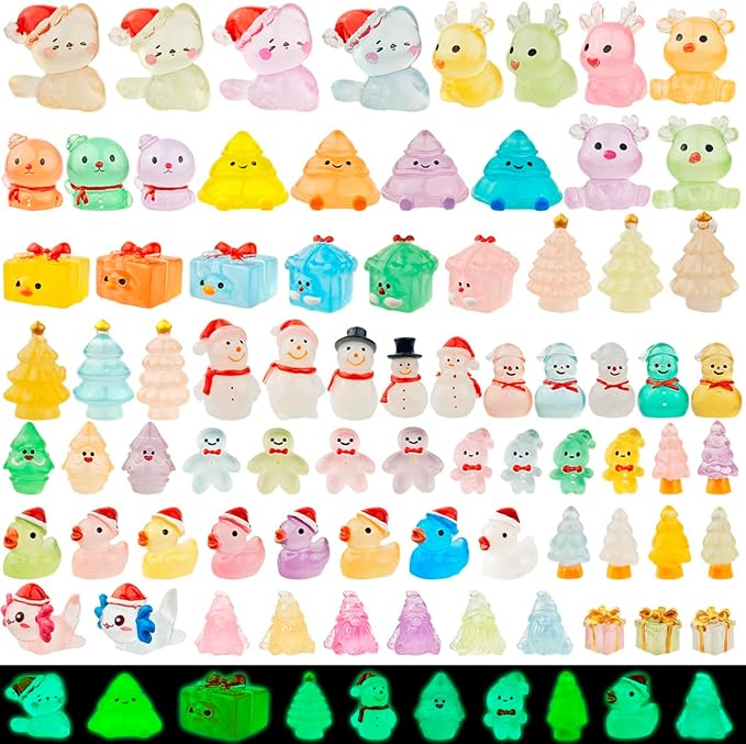 75 Pcs Miniature Christmas Figurines - Luminous Mini Resin Figures to Hide, Glow in The Dark Resin Animals for Micro Landscape Aquarium Fairy Garden Dollhouse Decor