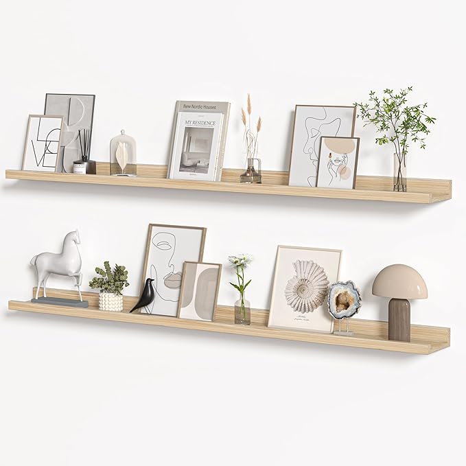 Floating Shelves for Wall, Picture Ledge Shelf 55 Inch Solid Wood Set of 2, Rustic Wall Shelves with Lip, Kids Bookshelf, Photo & Picture Live Edge Floating Shelves for Bedroom, Living Room, Kitchen