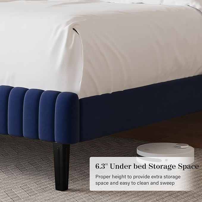 Full Size Bed Frame, Velvet Upholstered Platform Bed with Vertical Channel Tufted Headboard and Footboard, No Box Spring Required, Easy Assembly, Blue