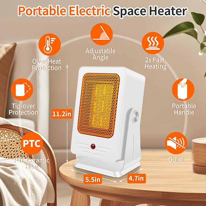 Portable Space Heaters for Indoor Use,Desktop Heater with 900W PTC 2s Fast Heating, 30° Adjustable Angle Design Small Electric Heater Lightweight for Personal, Office,Room,White