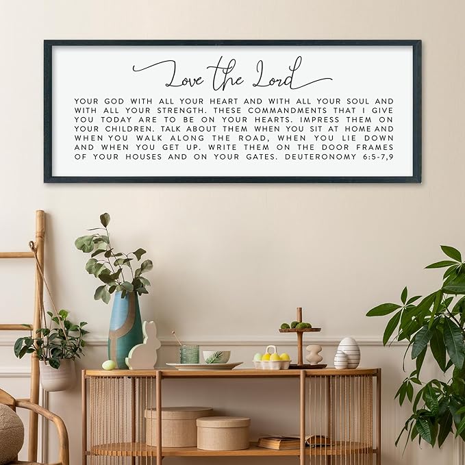 LuZhiQiang Love The Lord Your God With All Your Heart Wall Decor Art 40"×15" Deuteronomy 6:5-7, 9 Scripture Sign Bible Verse Large Wood Framed Wall Hanging (Black)
