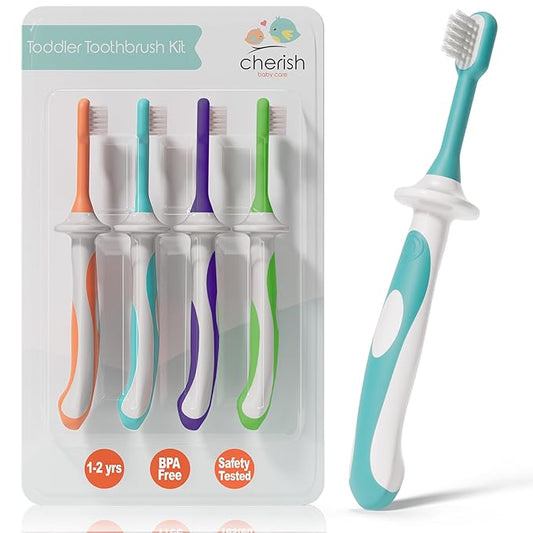 Cherish Baby Care Toddler Toothbrushes 1-2 Years (4-Pack) - BPA-Free & Safety-Tested Kids Toothbrush Kit, Designed by a Pediatric Dentist, Soft-Grip Toothbrush for Kids, My First Toothbrush Set