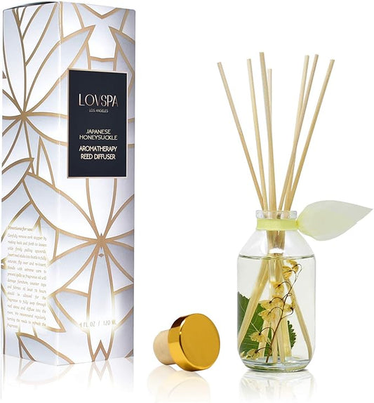 LOVSPA Reed Diffuser Set, Japanese Honeysuckle Scented Oil Diffuser with Sticks, Home Fragrance Accessories for Bathroom Shelf Decor, Aroma Diffusers for Home or Office Desk, USA Made