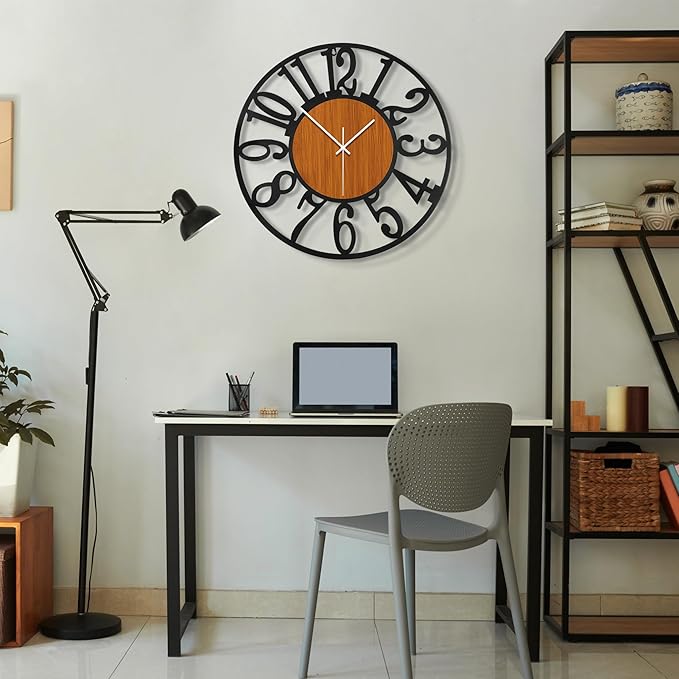Maxstar Round Wall Clock for Living Room Decor Battery Operated Non Ticking Black Metal Wood Clocks for Home Living Room Garden Office Kitchen Decoration -13 inch