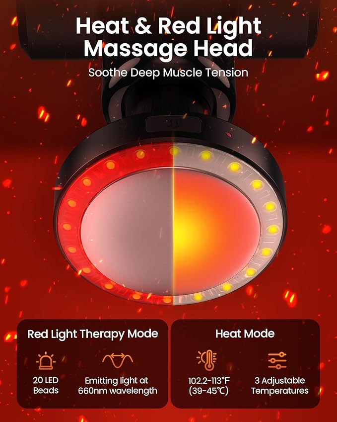 Massage Gun with Heat and Red Light Therapy,Deep Tissue Percussion Back Massager for Muscle/Neck/Body Pain Relief with Long Extension Retractable Handle,32-Speeds,Foldable,5 Adjustable