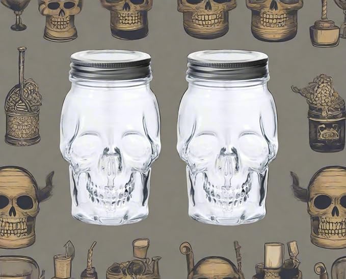 Set of 2 Skull Mason Jar Glasses with Lids | 16oz Reusable Halloween Drinking Glasses | Unique Skull Décor, Storage, & Canning Jars for Parties & Gifts