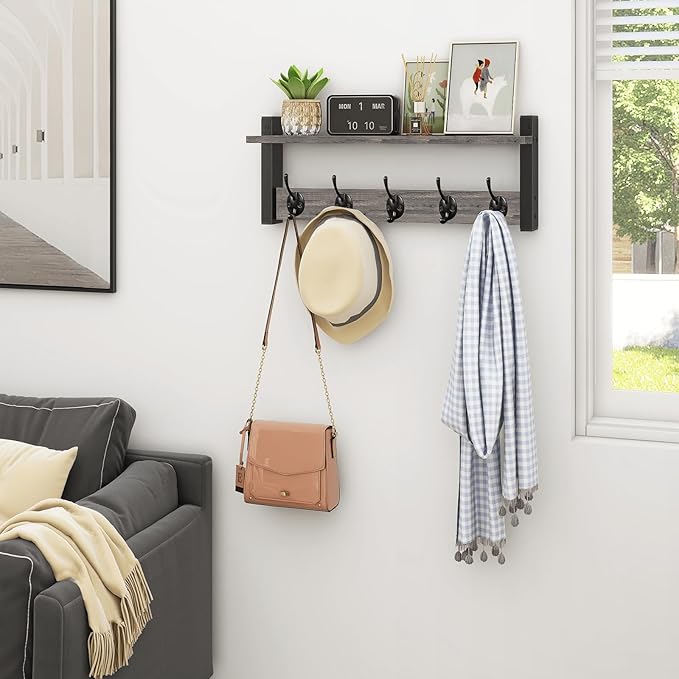 Homode Wall Hooks with Shelf, Coat Rack Wall Mount, Entryway Shelf with Hooks for Clothes, Backpack, Key, Purse - Rustic Grey