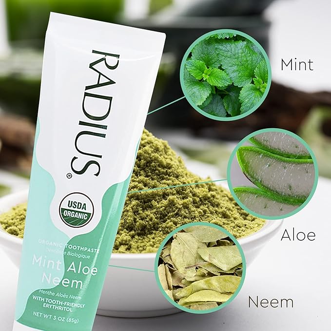 RADIUS Toothpaste, Mint Aloe Neem, 3 oz, USDA Organic Non-Toxic Chemical-Free Gluten-Free, Designed to Improve Gum Health & Prevent Cavities, Pack of 1