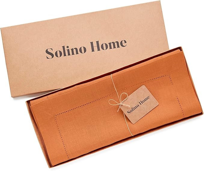Solino Home Linen Pumpkin Table Runner 120 Inches Long - 100% Pure Linen Hemstitch 14 x 120 Inch Table Runner for Dining, Fall, Autumn, Halloween, Thanksgiving - Classic Hemstitch