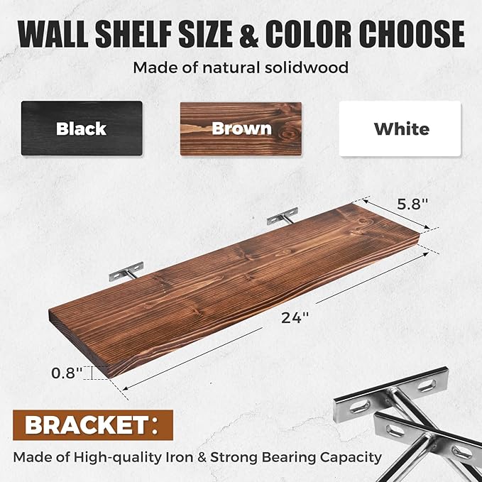 Floating Wall Shelves 2-Pack - 24-Inch Rustic Brown Wooden Shelves for Storage and Décor, Easy Installation for Living Room, Bedroom, and Kitchen