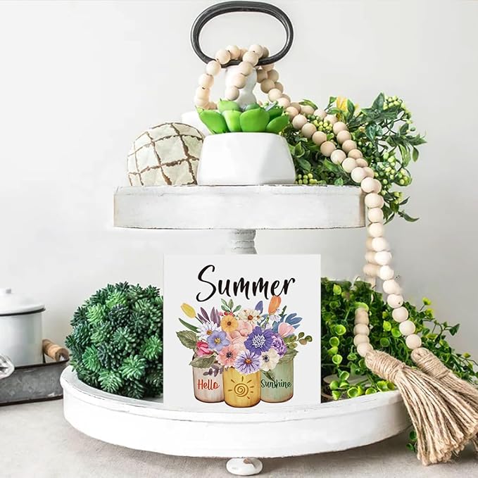 Summer Decor Farmhouse Summer Decorations Hello Sunshine Wooden Sign Rustic Home Decor 5 x 5 Inches